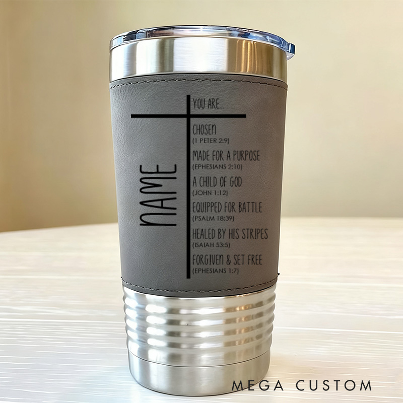 Personalized Cross You Are Chosen 20oz Vintage Leather Tumbler with Name for Men Religious Retirement Birthday Gift for Christian