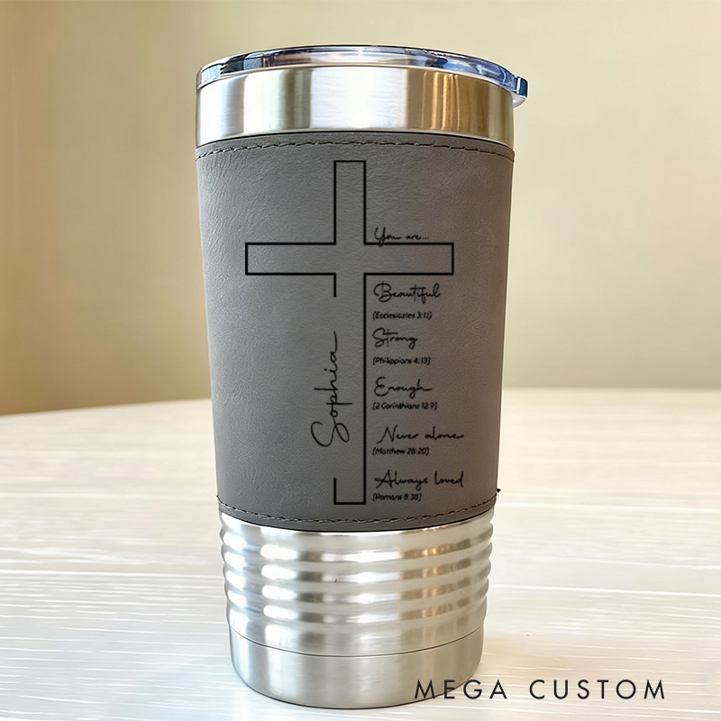 Personalized Cross You Are Chosen Bible Verse 20oz Vintage Leather Tumbler with Name Religious Retirement Birthday Gift for Christian Men