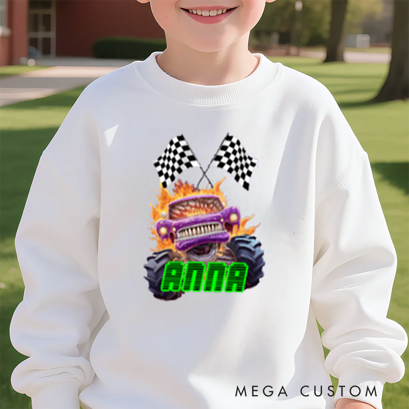 Personalized Big Wheel Off Road Truck Multicolor Kid's Sweatshirt Hoodie with Age and Name Birthday Christmas Gift for Kids
