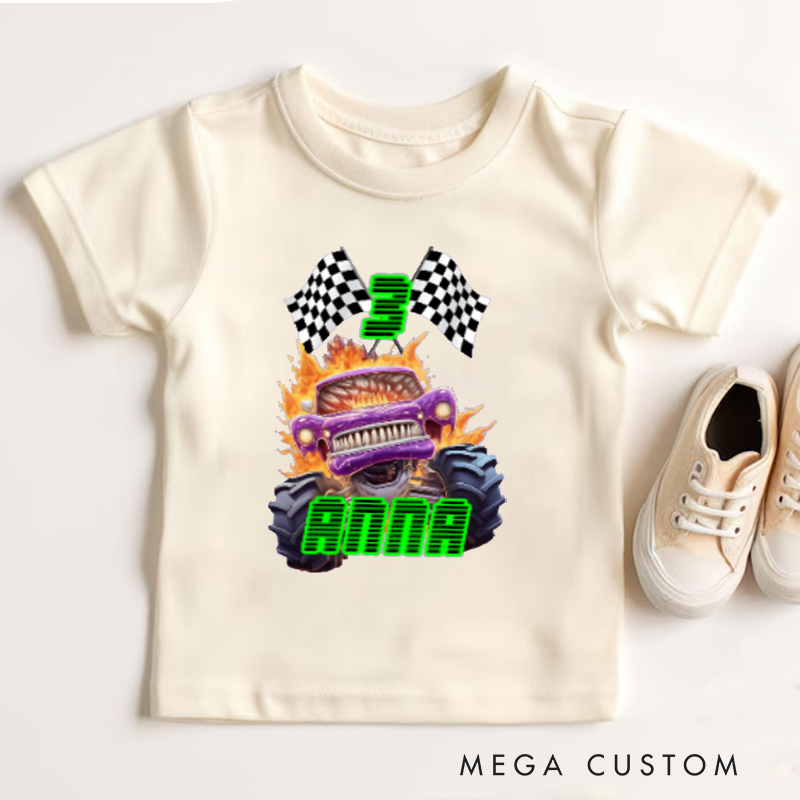 Personalized Big Wheel Off-Road Truck Multicolor Kid's Tshirt with Age and Name Birthday Christmas Gift for Kids