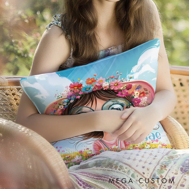 Personalized Quirky Flower Girl Soft Throw Pillow Cover with Name Home Decor Birthday Gift for Girls Friends