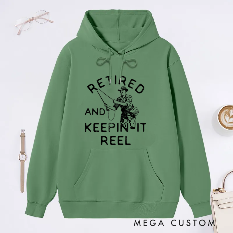 Personalized Retired and Keepin' It Reel Hoodie Funny Fishing Sweatshirt for Retirees Cozy Outdoor Apparel Perfect Gift for Fishing Enthusiasts