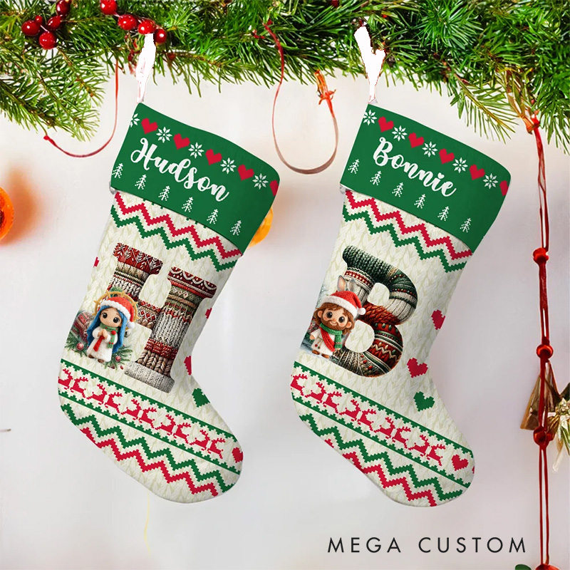 Personalized Cute Christmas Knitted Sweater Jesus Virgin Mary Hanging Christmas Stocking with Initial Home Decor Gift for Christian Kids Family
