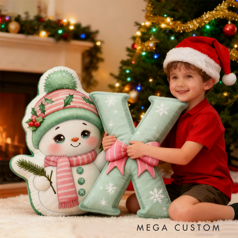 Personalized Cute Cartoon Santa Hat Snowman Initial Pillow Christmas Gift 