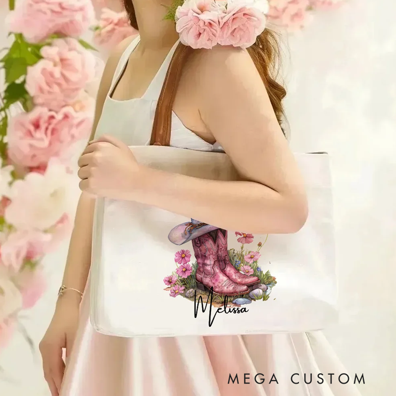 Personalized Birth Flower Western Cowgirl Boots Design Canvas Tote Bag with Name and Leather Handle Birthday Bridesmaid Gift for Women
