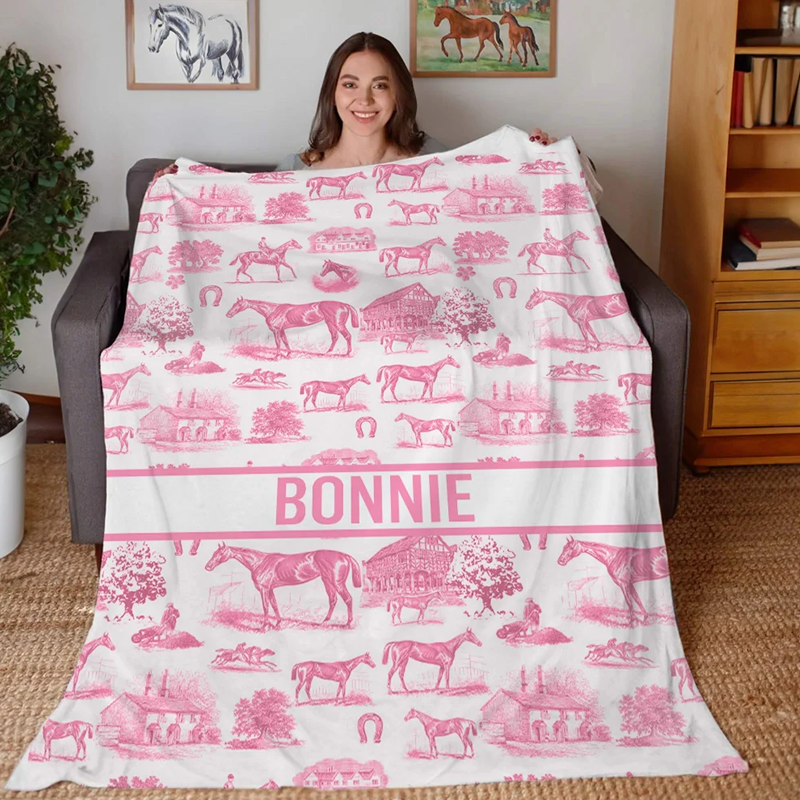 Personalized Western Horse Soft Throw Blanket with Text Home Decor Birthday Anniversary Equestrian Competition Gift for Horse Lover