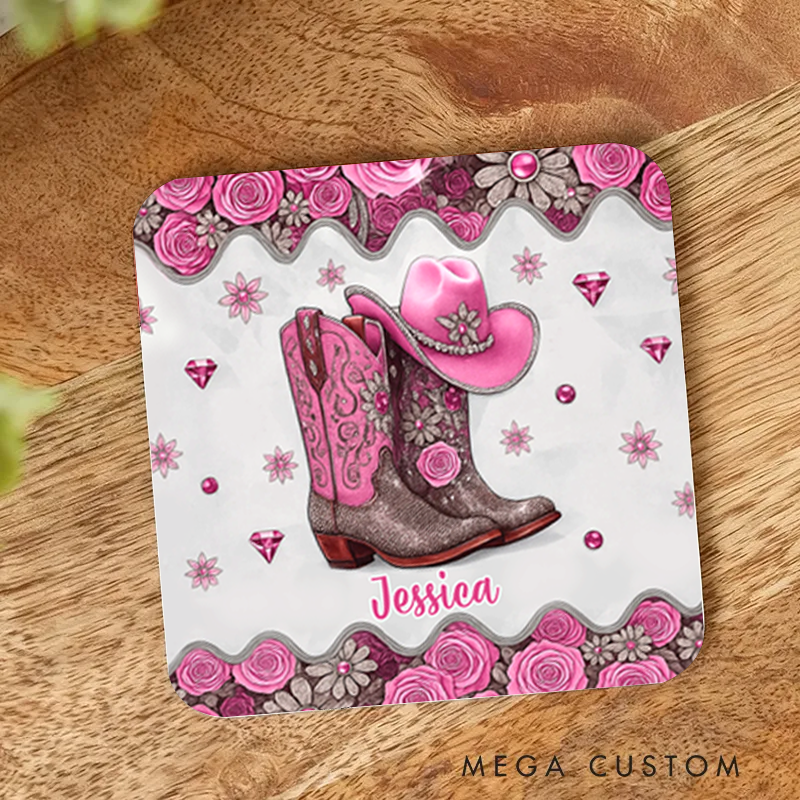 Personalized Name Cowgirl Accent Coaster Custom Cowgirl Boots Gift for Music Lover