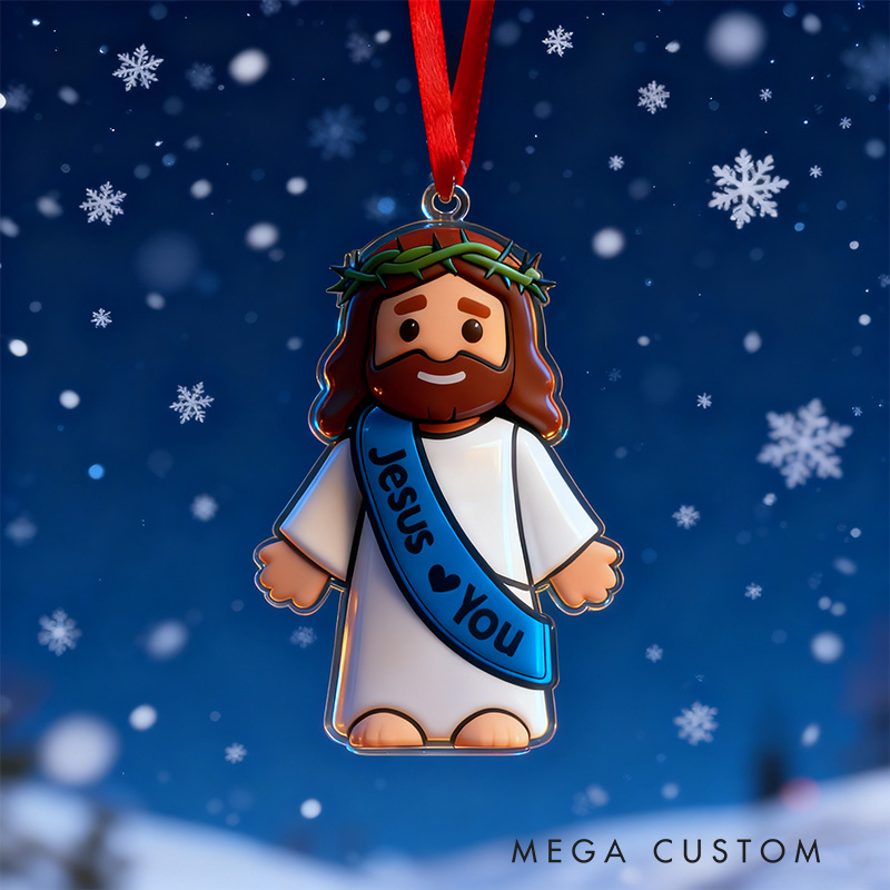 Personalized Cute Jesus Acrylic Ornament with Sash Jesus Love You Custom Nam Holiday Tree Decor Religious Gift for Kids Christian Gift for Christmas