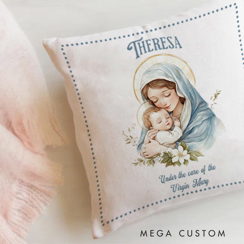 Personalized under the Care of Virgin Mary Throw Pillow with Name Religious Gift Home Decor Catholic Gift for Women