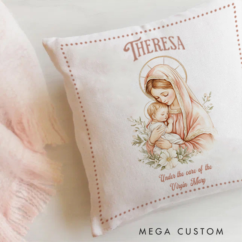 Personalized Care of Virgin Mary Throw Pillow with Name Religious Gift for her Home Decor Catholic Gift for Women