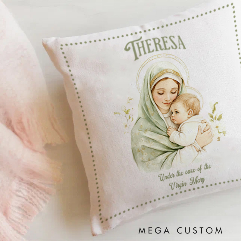 Personalized Virgin Mary Baby Jesus Throw Pillow with Name Religious Gift Home Decor Catholic Gift for Women