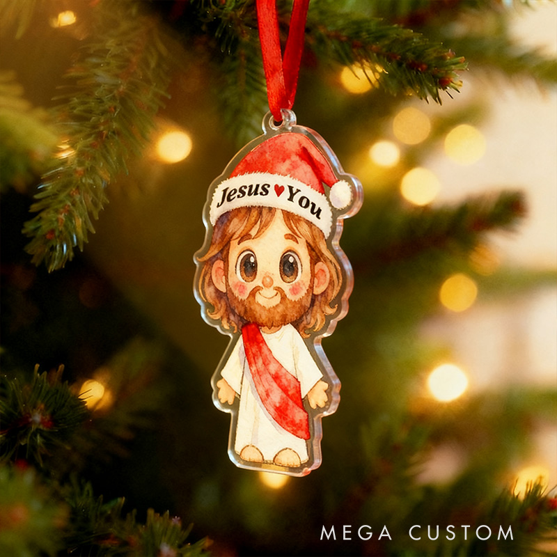 Personalized Cute Jesus Acrylic Ornament with Jesus Love You Custom Text Holiday Tree Decor Religious Gift for Kids Christian Gift for Christmas