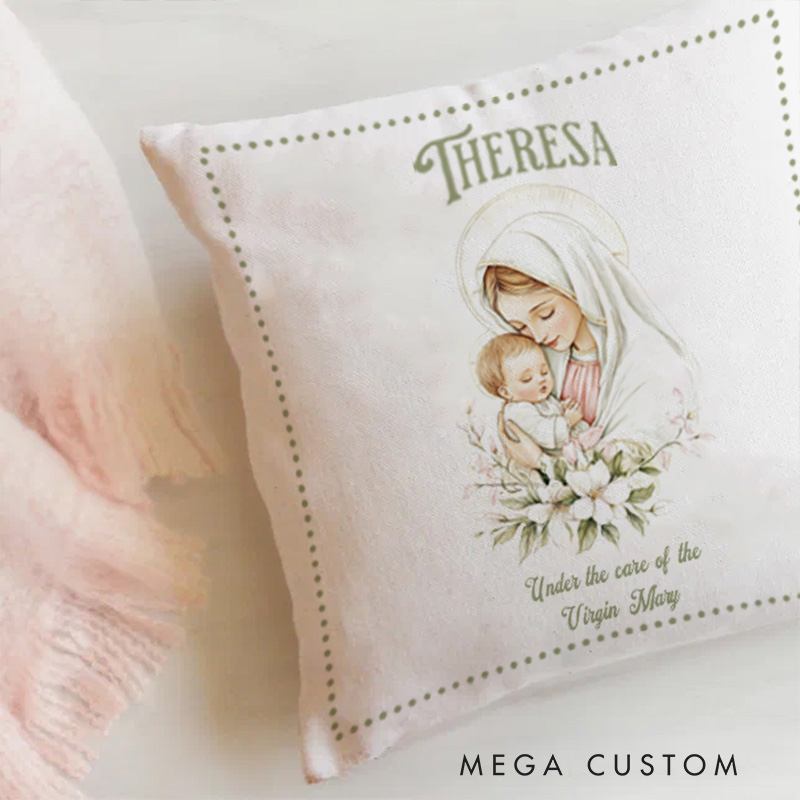 Personalized Virgin Mary Jesus with Floral Throw Pillow with Name Religious Gift Home Decor Catholic Gift for Women Girls