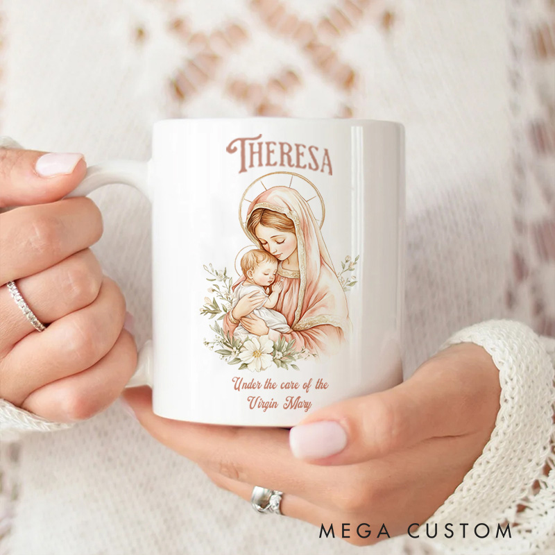 Personalized under the Care of Virgin Mary Ceramic Mug with Name Religious Gift Catholic Gift for Women Girls