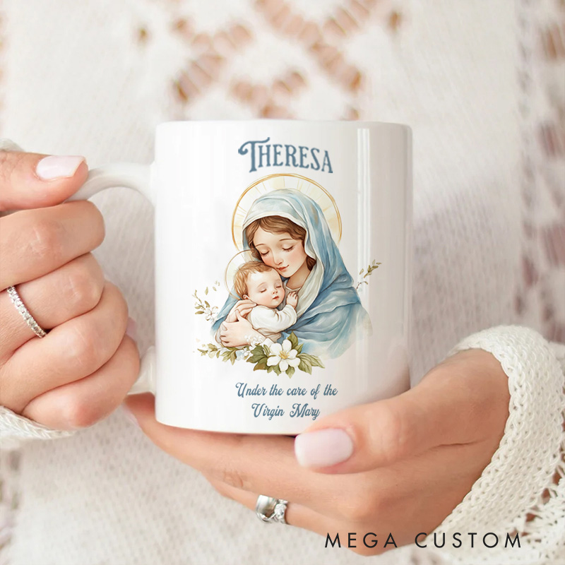 Personalized under the Care of Virgin Mary Ceramic Mug with Name Religious Gift Catholic Gift for Women Girls