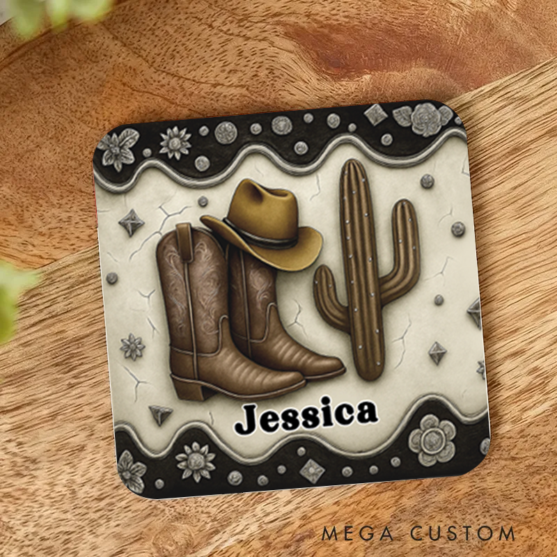 Personalized Name Cowboy Accent Coaster Custom Cowboy Boots Gift for Music Lover