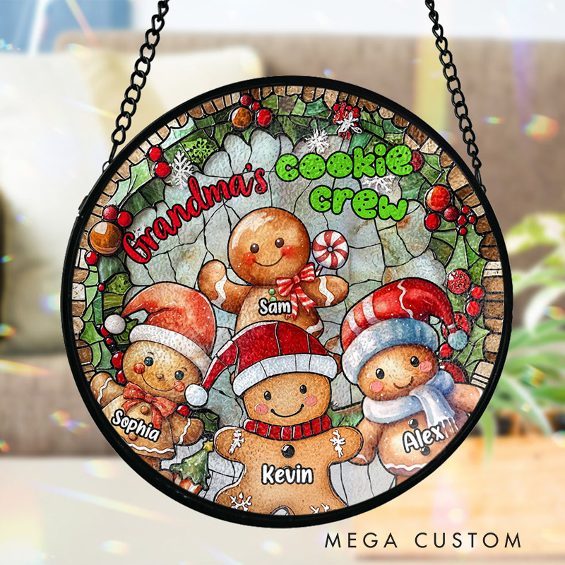 Personalized Cookie Crew Stained Glass Suncatcher Grandma Stained Glass Suncatcher Gingerbread Window Hanging with Name Suncatcher for Baking Lover Gift