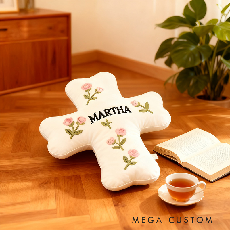 Personalized Roses Cross Pillow with Custom Name Home Decor Christian Flower Cross Pillow Religious Baptism Gift for Her Prayer Corner Faith Gift