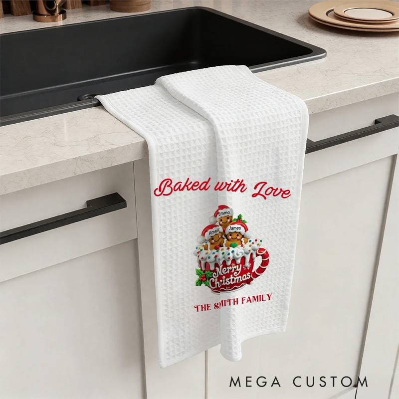 Personalized Gingerbread Men Cocoa Mug Waffle Kitchen Towel with Name and Surname Christmas Gift for Family Friends