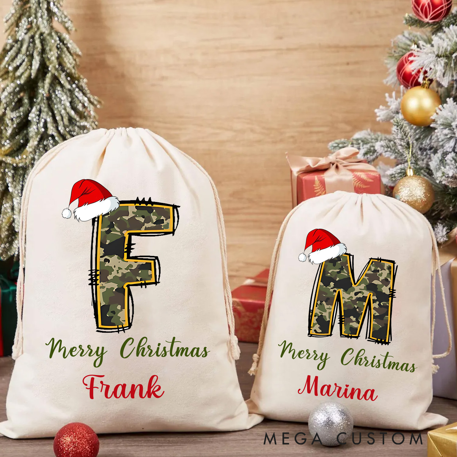 Personalised Hunting Doodle Alphabet Merry Christmas Sack Camo Green Custom Hunting Lover Christmas Gift for Kid
