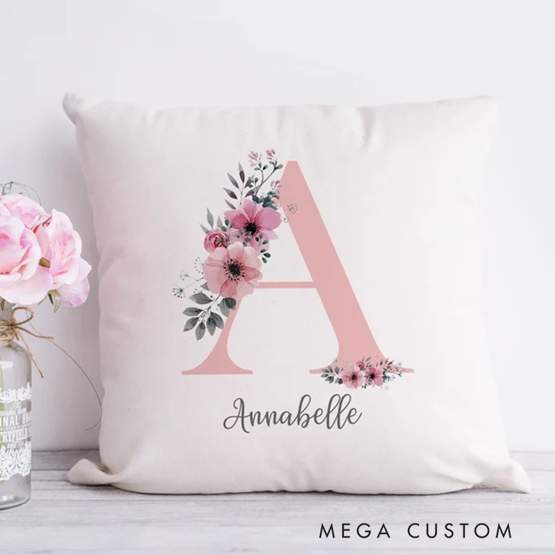 Personalised Initial Cushion Rose Gold Custom Gift Girls Bedroom Gift Watercolour Flowers Baby Gift Initial Gift for Her Custom Made