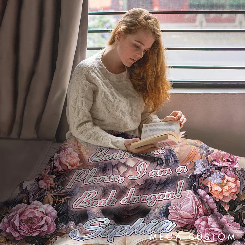 Floral Book Dragon Soft Throw Blanket with Name Birthday Gift for Bookworm Readers Dragon Lovers Fantasy Book Lovers Gift