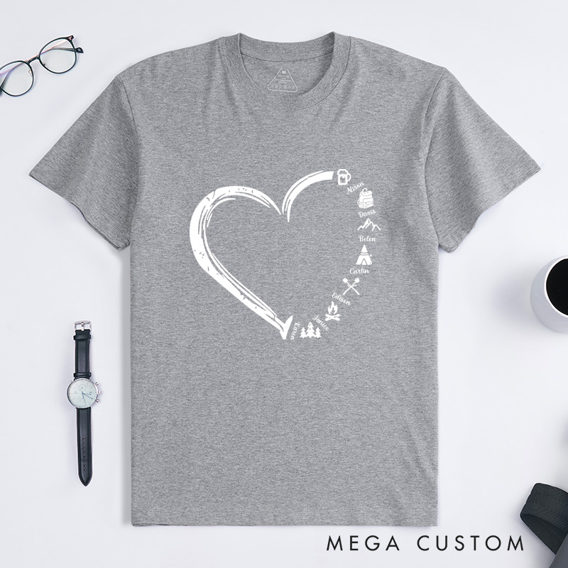  Personalized Cute Heart-shaped Camping Elements T-shirt with Name Gift for Camp Nature Lover