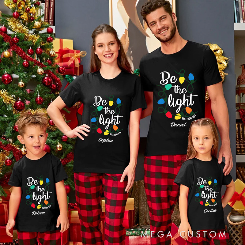Personalized Be the Light Family Matching Christmas T-Shirt with Name Family Christmas Lights Bible Verse Shirt Christian Gift for Christmas