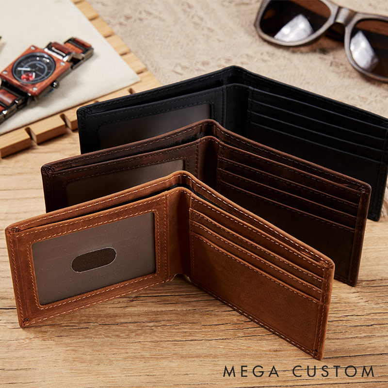 Personalized Crazy Horse Leather Wallet with Customized Latitude and Longitude for traveling lovers