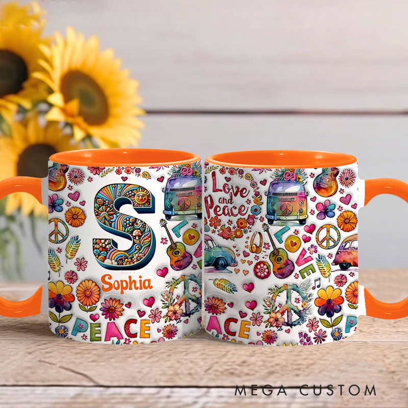 Personalized Hippie Soul Personalized name and Initial Letter mug Hippie Accent Mug for Holiday Decor Family Gifts and Party Favors