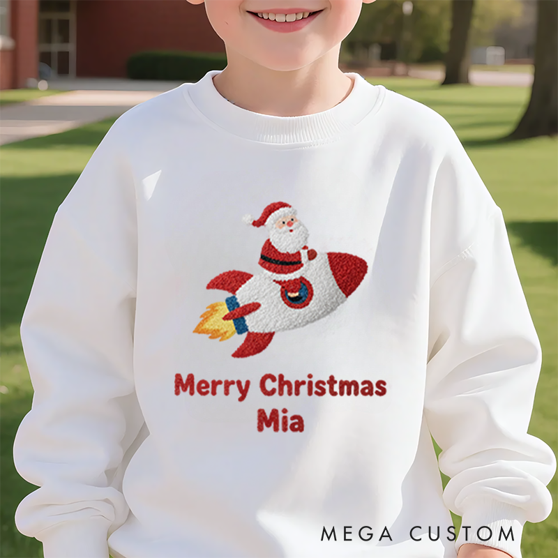Personalized Kids Sweatshirt and Holiday Pullover with 3D Rocket Print and Santa Design Featuring Festive Christmas Elements for a Joyful Winter Look 