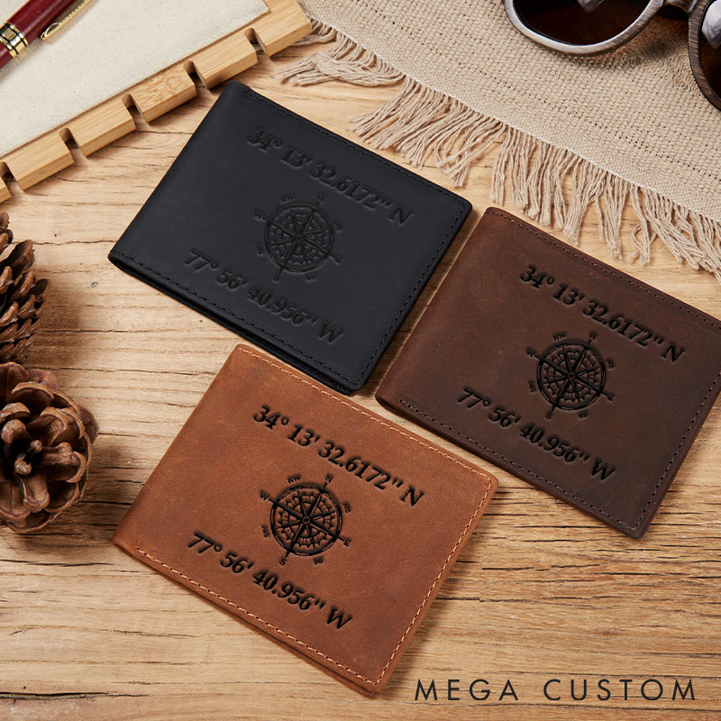 Personalized coordinates Crazy Horse Leather Wallet for traveling lovers