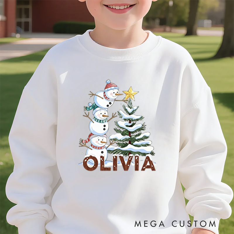 Personalized Kids Sweatshirt and Holiday Pullover with Snowman and Christmas Tree Design Featuring Festive Holiday Elements for a Merry Winter Look