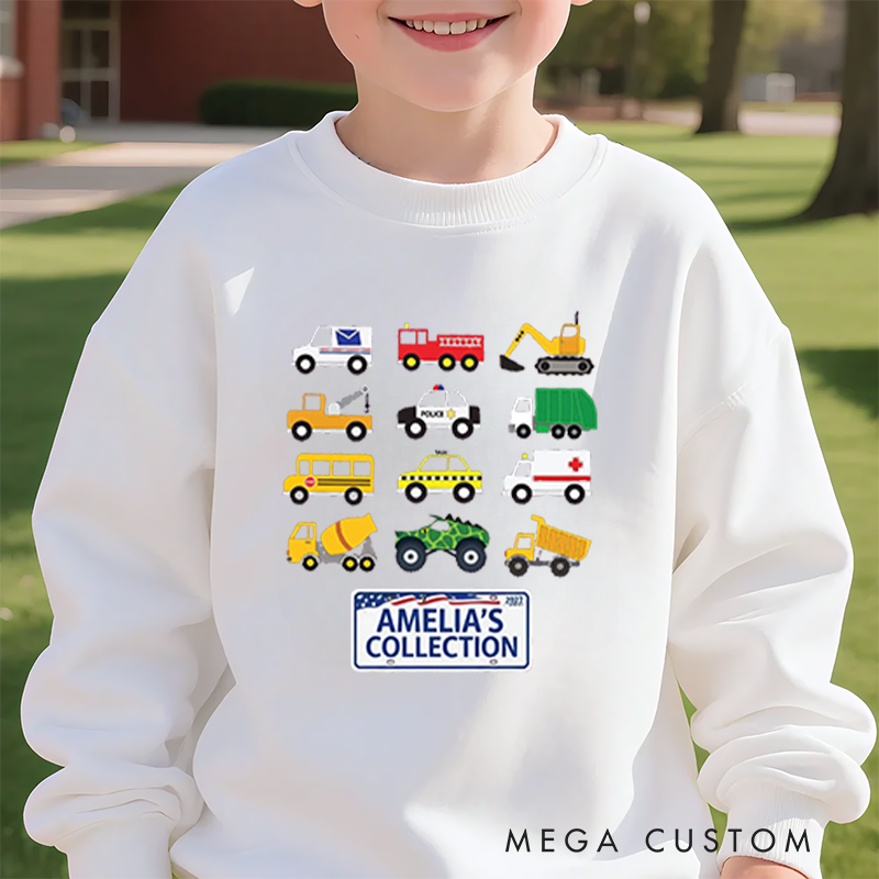 Personalized Kids Sweatshirt and Holiday Pullover with Colorful Vehicle Collection Design Featuring Cars Trucks and Excavators for a Fun Christmas Look