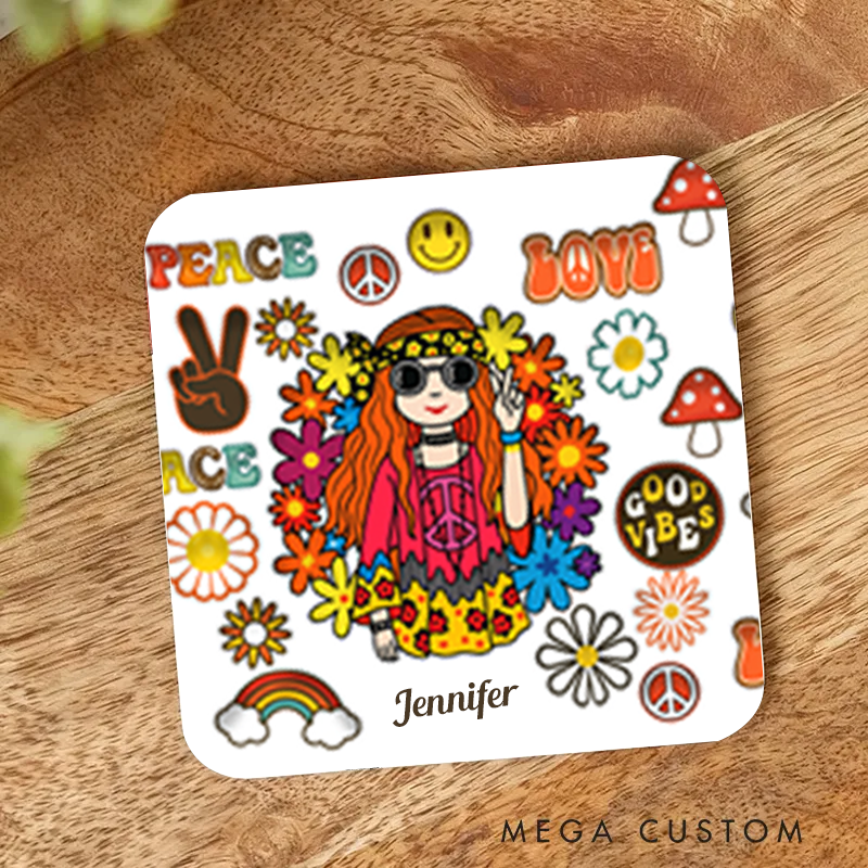 Personalized Name Hippie Accent Coaster Hippie Girl Hippie Soul Peace Love Coaster for Music Lover Gift