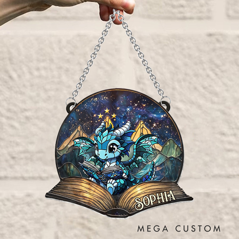 Personalized Reading Dragon Stained Glass Suncatcher Fantasy Book Reader Window Hanging Bookish Art Decor for Book Lover Gift Librarian Gift