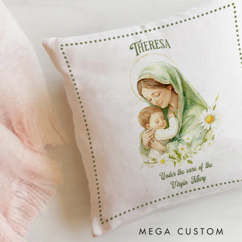 Personalized Virgin Mary Throw Pillow with Birthflower and Name Religious Gift Faith Home Decor Catholic Gift for Women
