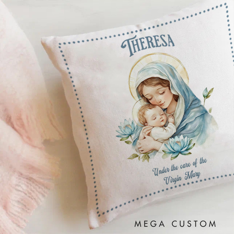 Personalized Virgin Mary Throw Pillow with Birthflower and Name Religious Gift Faith Home Decor Catholic Gift for Women