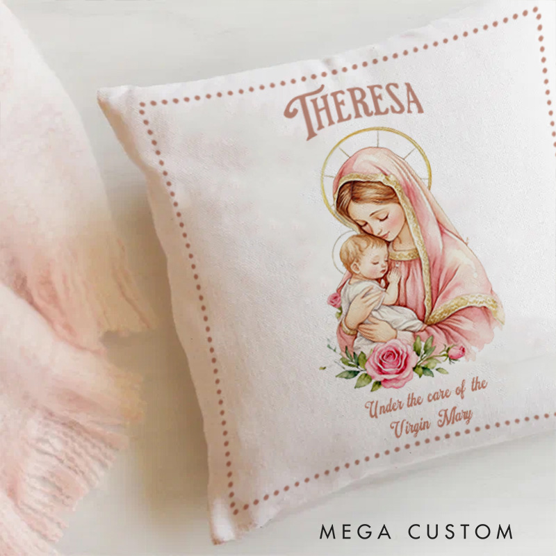 Personalized Virgin Mary Throw Pillow with Birthflower and Name Religious Gift Faith Home Decor Catholic Gift for Women
