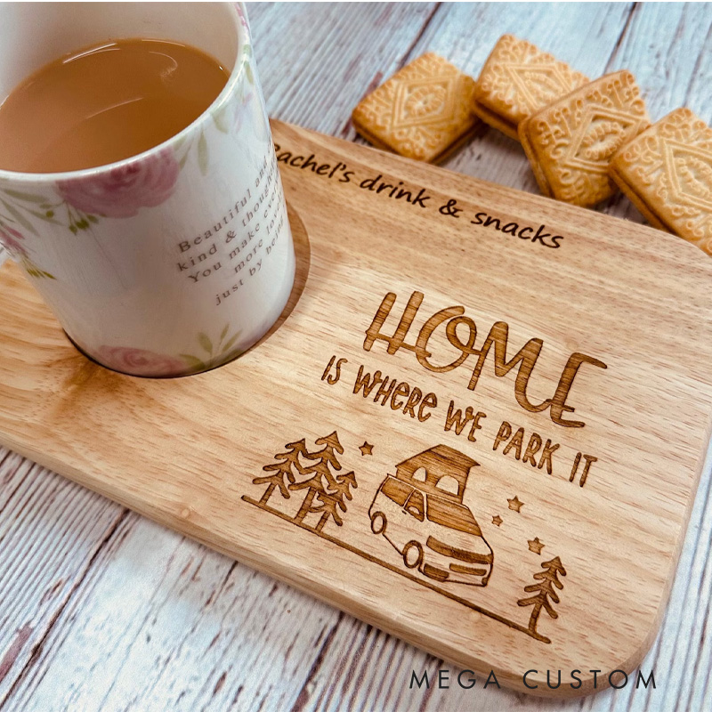 Personalized Home Is Where We Park It Tea Tray and Biscuit Board 4 Designs to Choose from Funny Camp Life Lover Gift