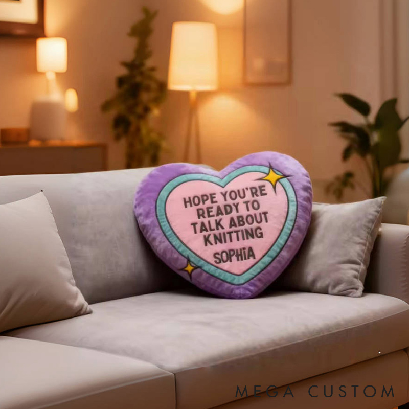 Personalized Heart Knitting Talk Pillow with Custom Name Gift for Yarn Lovers