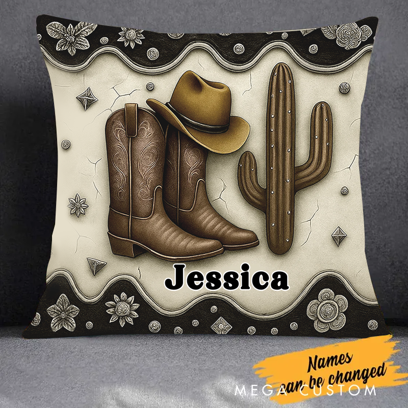 Personalized Name Cowboy Accent Throw Pillow Custom Cowboy Boots Gift for Music Lover