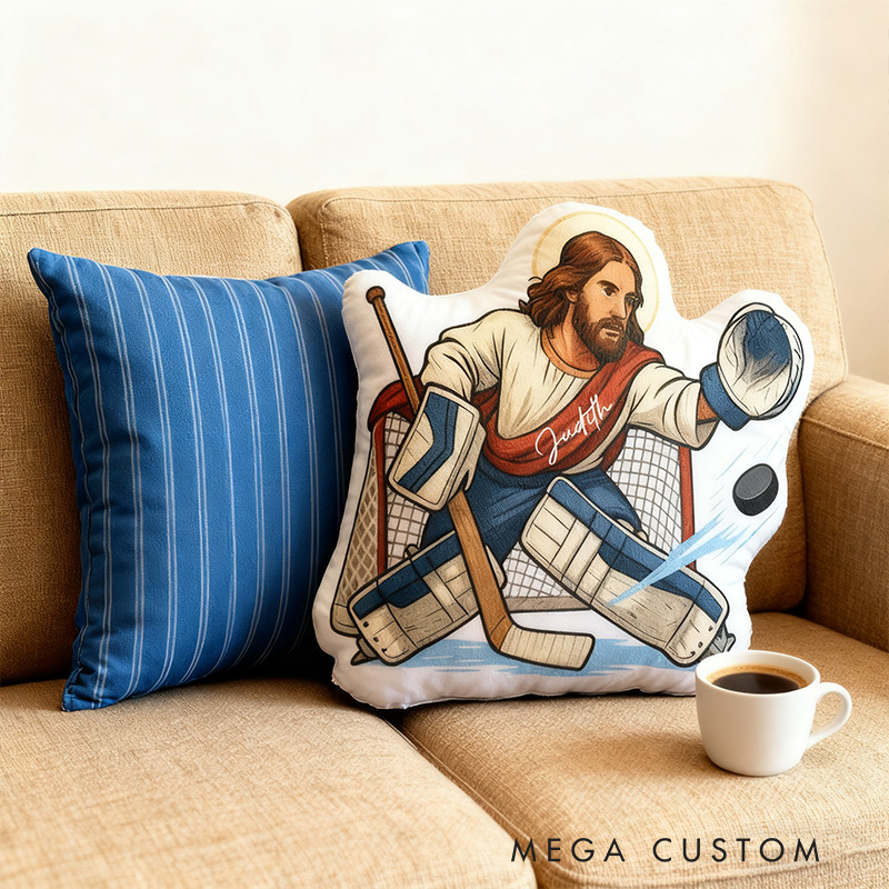 Personalized Jesus Saves Hockey Goalie Pillow with Name Home Decor Christian Humor Pillow Christian Athlete Gift Religious Gift for Hockey Lover