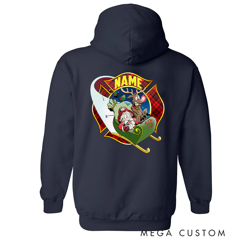 Personalized Firefighter Christmas Hoodie Custom Name Festive Shield Design Gift for Christmas Holiday 