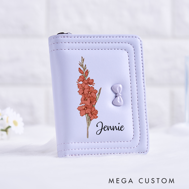 Personalized Leather Wallet for Girl Birth Flower Wallet for Her Bow wallet Purse Wallet Cute wallet Women's Purse Unique Gift for Her Birthday Gifts
