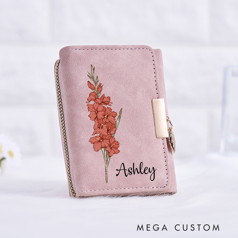 Personalized Leather Wallet for Girl Birth Flower Wallet for Her Trifold Wallet Purse Wallet Cute wallet Unique Gift for Her Birthday Gifts