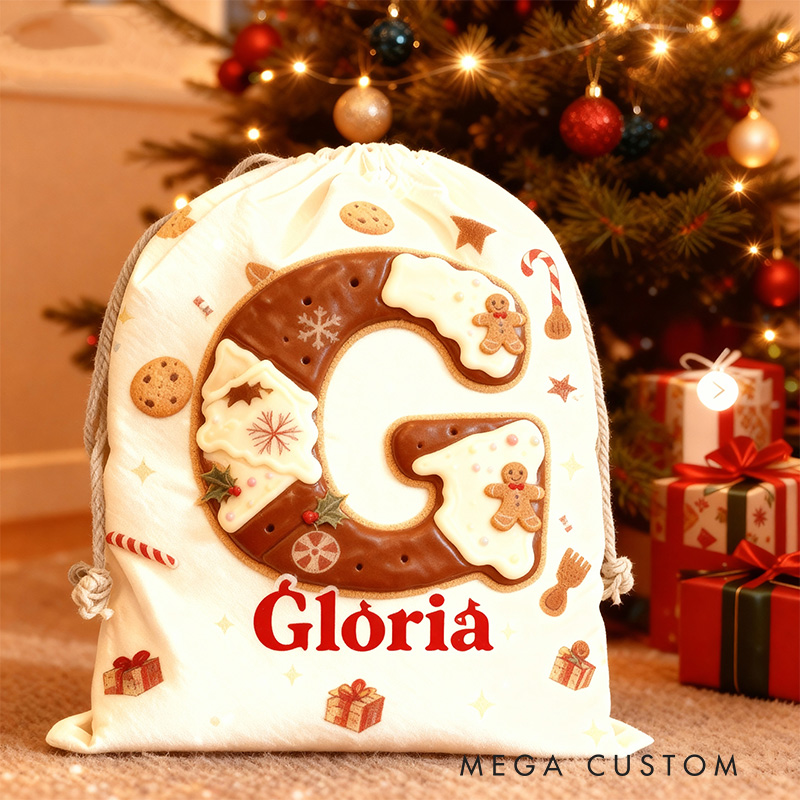Personalized Cookie Alphabet Christmas Bag for Kids with Name Dessert Christmas Sack Holiday Santa Sack for Baking Lovers Christmas Gift
