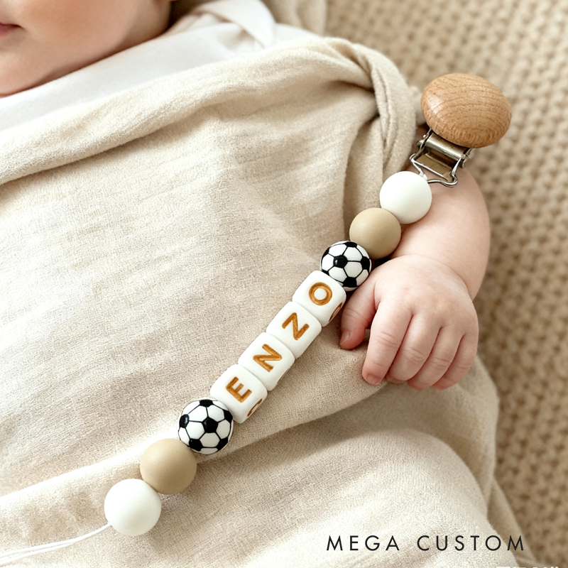 Personalized Soccer Pacifier Clip Add Newborn Baby Boy or Girl Name Custom Baby Shower New Soccer Mom Gift