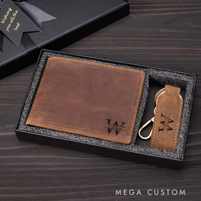 Personalized Leather Wallet Keychain Set Custom Name Leather Wallet & Keychain for Him Engraved Wallets Mens Wallet Leather Gift For Him Gift for Husband Boyfriend Father
