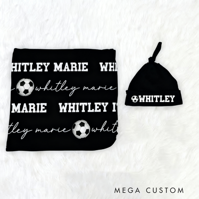 Personalized Soccer Baby Blanket Set Name Soft Fleece Sport Design Perfect Baby Shower or Newborn Gift